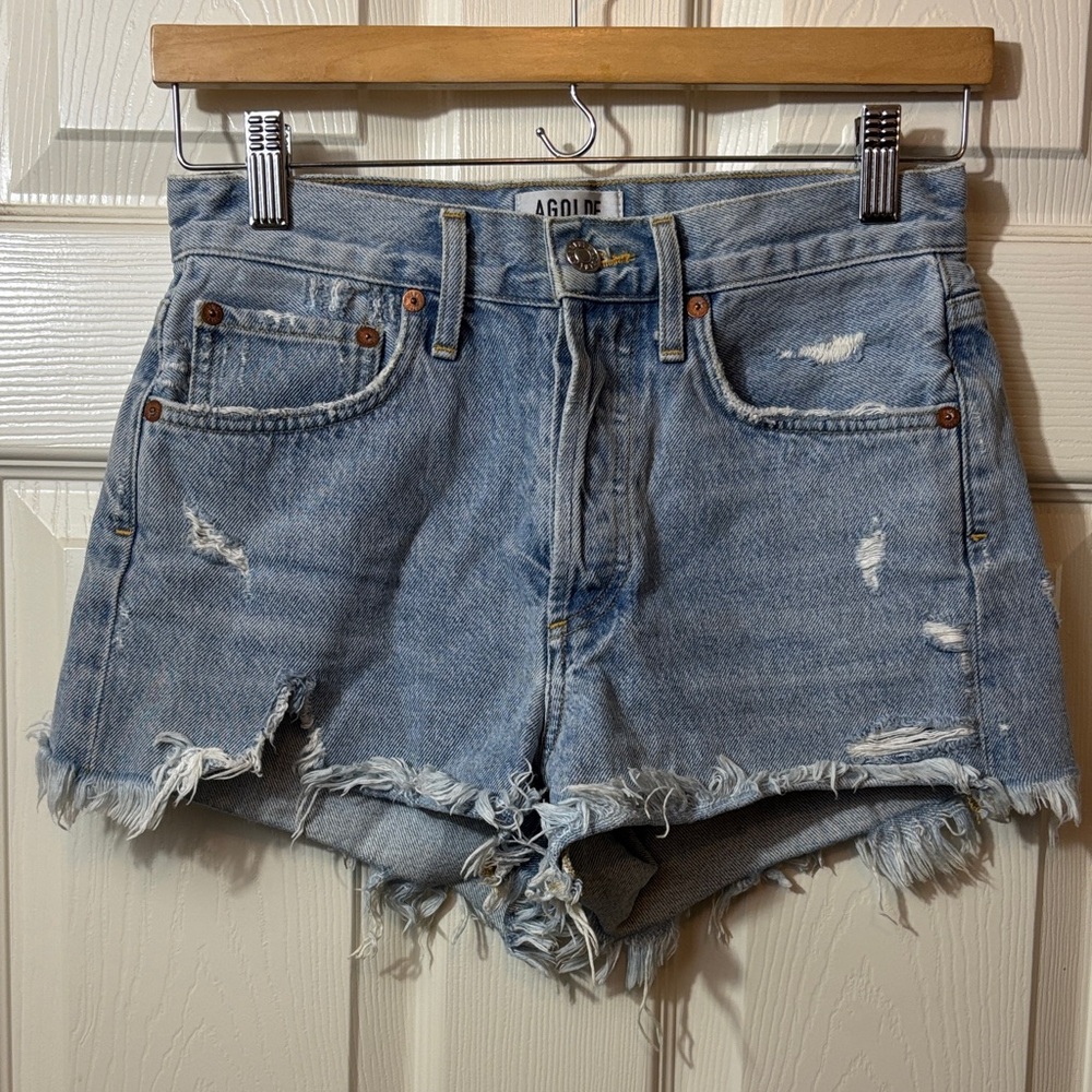 Agolde Light Blue Distressed Denim Cutoff Shorts
